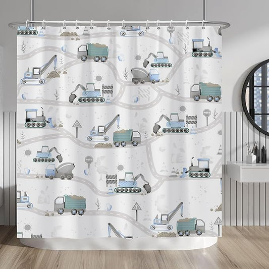 Excavator Kids Shower Curtain Sets Cartoon Construction Truck Tractor Car Bathroom Decor Fabric Polyester Waterproof 72x72 Inches with 12 Hooks for Boys Machinery Vehicle Bath Curtains