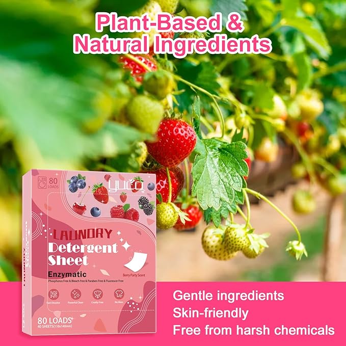 YUCO Laundry Detergent Sheets Berry Scent 80 Loads Eco Laundry Soap Washer Sheet, Liquidless Washing Detergent Sheets for Laundry for Travel, Plastic Free, Hypoallergenic