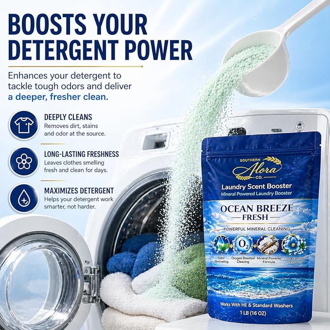 Oxygen Boosted Laundry Scent Booster Powder – Laundry Booster & Odor Eliminator, Laundry Freshener, Deep Clean Detergent Booster, Long Lasting Laundry Scent, HE Safe (1lb) (Ocean Breeze Fresh)