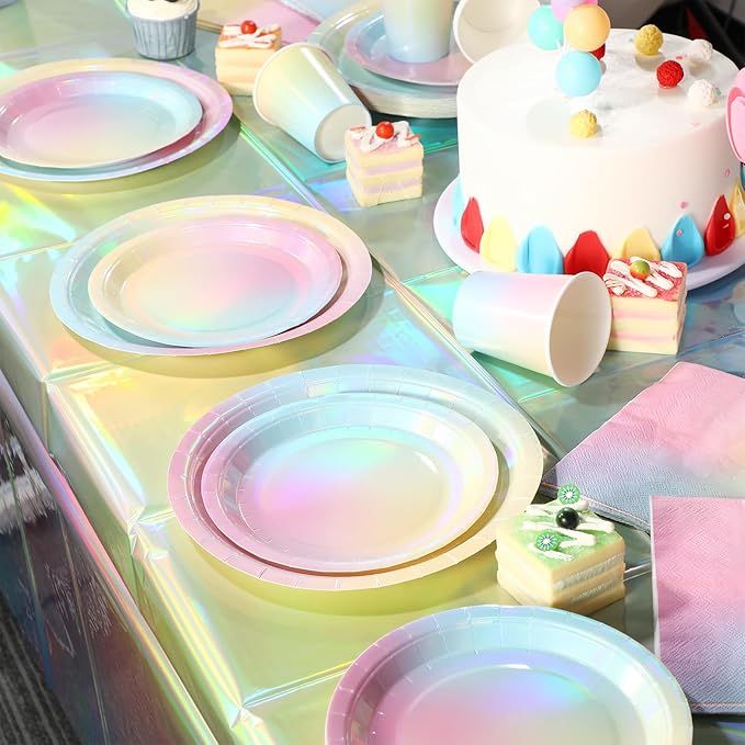 Iridescent Rainbow Party Decorations - Serve 25, Holographic Pastel Paper Plates and Napkins, Disposable Iridescent Rainbow Plates, Cups, Napkins for Girls Birthday, Wedding, Baby Shower