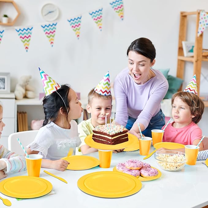 229PCS Yellow Party Supplies Set Paper Disposable Plates Cups Plastic Spoons Forks Knives Yellow Napkins for 30 Guests Disposable Party Dinnerware Sets for Wedding Birthday Parties