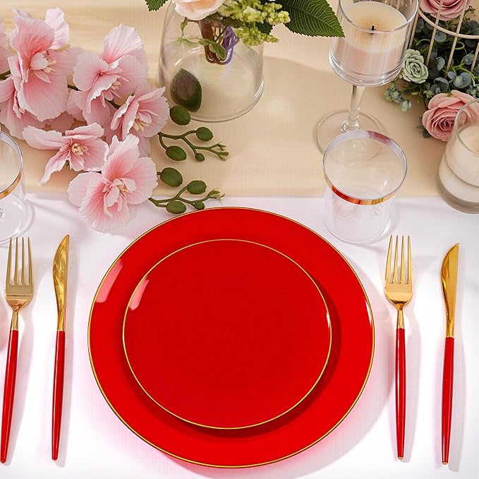 DaYammi 150Pcs Red Plastic Plates with Gold Rim,Fancy Disposable Dinnerware Set with Red Handle Gold Cutlery, Includes 30 Dinner Plate,30 Dessert Plate,30 Knives,30 Forks,30 Spoons for Party Wedding
