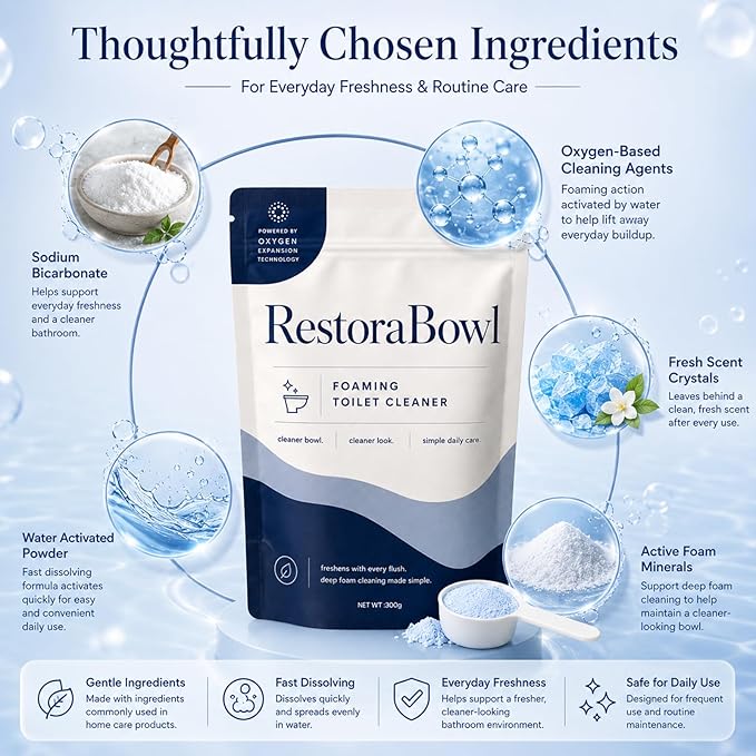Restorabowl Foaming Cleaning Powder, Fresh Scent Daily Care Powder, Fast Dissolving Formula for Everyday Freshness, Easy Flush Use, 300g