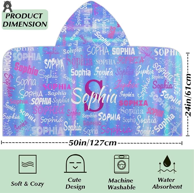 Personalized Hooded Towel Kids Beach Towels Name Custom Baby Toddlers Cotton Wrap Changing Robe for Shower Beach Trip Pool Bathrobe, Gradient Blue Color Romantic