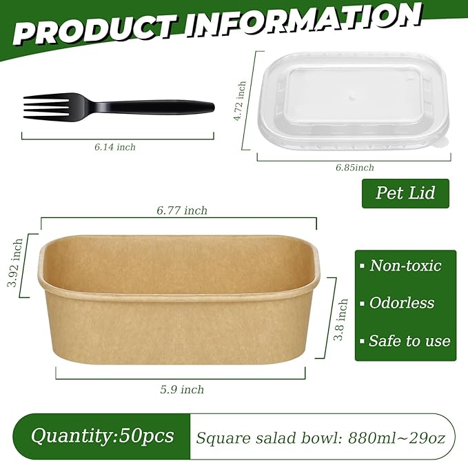 50-Pack 29oz Disposable Kraft Paper Bowls【with Lids and Forks】,Meal Prep Containers Disposable Togo Food Deli Containers for Restaurant Supplies Take Out Containers, Microwave Safe for Hot/Cold Food