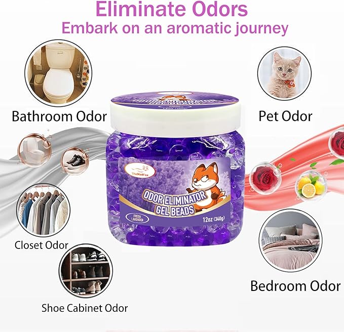 6 Pack Odor Eliminator Gel Beads, 12 oz, Air Freshener Beads for Home & Car, Pet Odor Eliminator for Bathroom, Closet, Pet Area & RVs, Long-Lasting Natural Fresh Lavender