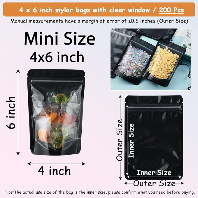 4X6 Resealable Bags 200 Pcs Mylar Bags for Food Storage Candy Packaging Black Mylar Bags with Window Reclosable Small Stand Up Pouches Edible Packaging for Small Business
