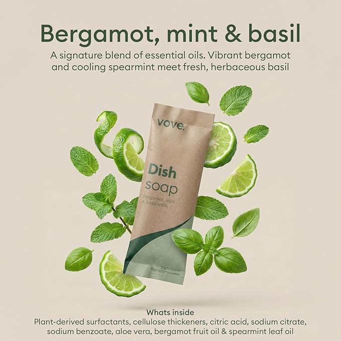 Vove Dish Soap Refills 3-Pack, Bergamot Mint & Basil, Powder-to-Gel Dishwashing Liquid Refill, Plant-Based Concentrated Formula, Grease-Cutting Power, Plastic-Free Compostable Packaging, Essential oil