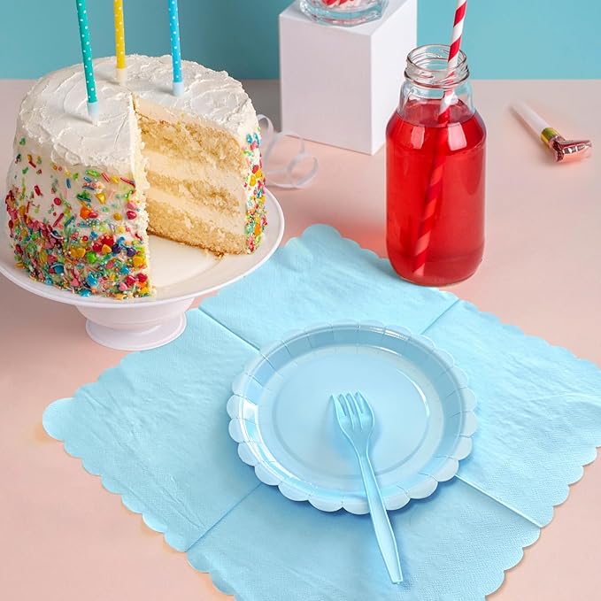 Light Blue Paper Plates and Napkins,7 Inch Baby Blue Scalloped Disposable Dessert Plates Paper Napkin Fork Party Supplies for Wedding Baby Shower Birthday(25 Guest)