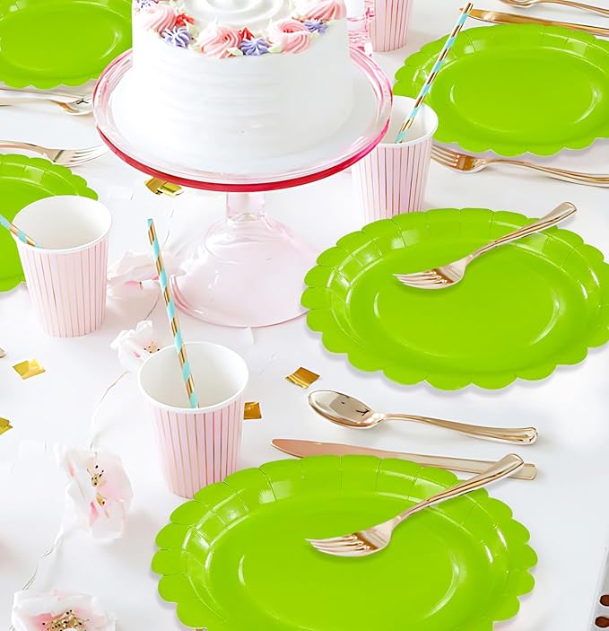 HEIPINIUYE 25 Pieces Lime Green Paper Plates 9 Inch Green Scalloped Plates Disposable Dinner Plates for Wedding Baby Shower Birthday Halloween Party Dessert Plates