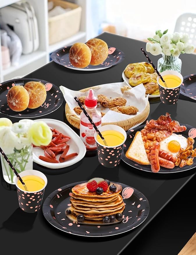 Nkaiso Birthday Party Tableware, 161 Pieces Black and Rosegold Party Supplies, Party Dinnerware Sets Include Paper Plates Napkins Cups Silverware, for Shower Engagement Parties Decoration -20 Serves
