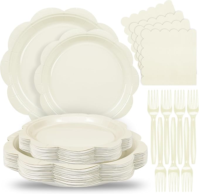 96 Pcs Ivory Paper Plates and Napkins Set Party Supplies, Tableware set for 24 Guest include Disposable Ivory Scalloped Plates, Napkins and Forks for Baby Shower Bridal Shower Wedding