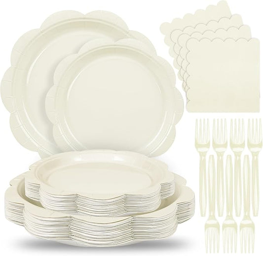 96 Pcs Ivory Paper Plates and Napkins Set Party Supplies, Tableware set for 24 Guest include Disposable Ivory Scalloped Plates, Napkins and Forks for Baby Shower Bridal Shower Wedding