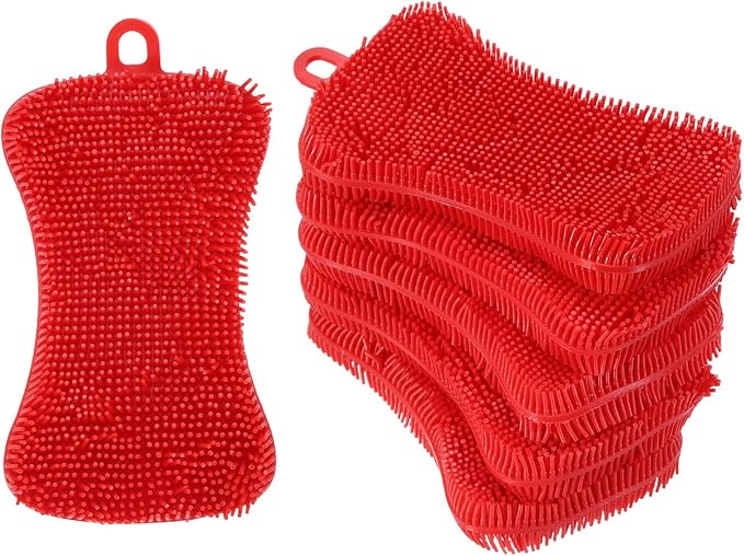 uxcell Silicone Dish Scrubber, 6 Pack Reusable Dishes Sponges Silicone Sponges Double Design for Kitchen Bathroom Cleaning Gadgets Accessories Countertop Cookware Pots Pans, Red