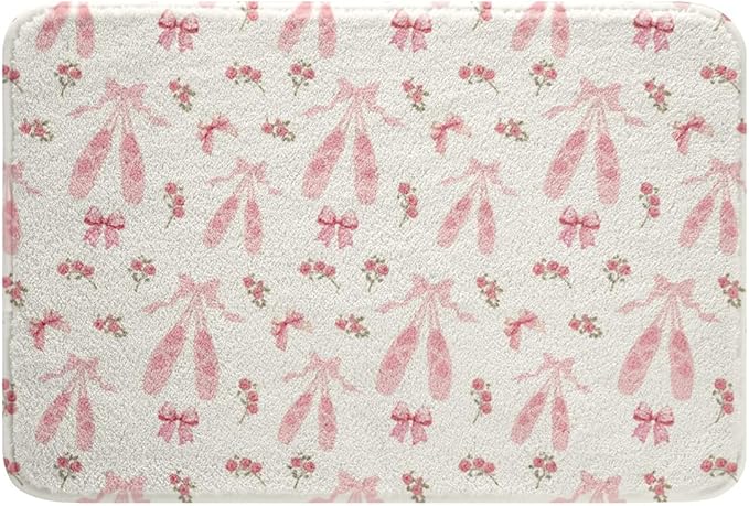 Ballet Shoes Kids Bath Mats,Pink Bowknot Bow Tie Geometric Patchwork Mats Rugs for Girls,Rose Flowers Dots French Bath Carpets,Romantic Unique Bath Rugs,Absorbent Floor Mats,16Wx24L Inches