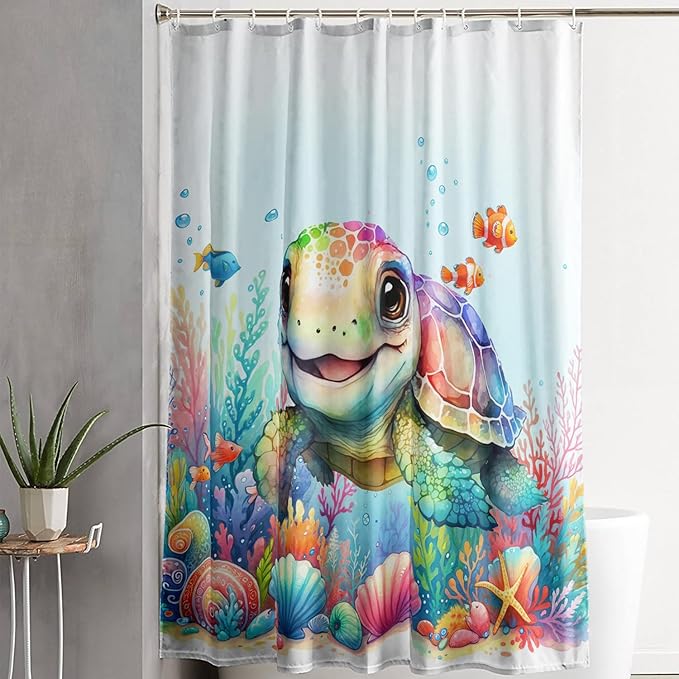 AILONEN Cute Cartoon Sea Turtle Shower Curtain,Kawaii Sea Turtle with Coral Bath Curtain for Kids,Boys,Girls,Ocean Theme Waterproof Fabric Shower Curtain Set with Hooks,72" W*72" H