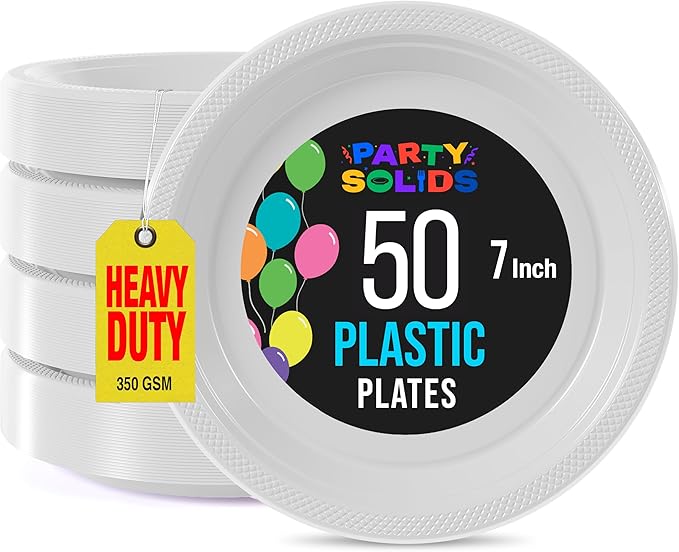 Exquisite Party Solids White Plastic Plates For Party Supplies 7" White Disposable Plates Heavy Duty 50 Pcs Plastic Dinnerware Sets Heavy Duty 350 GSM Disposable Dinnerware Set