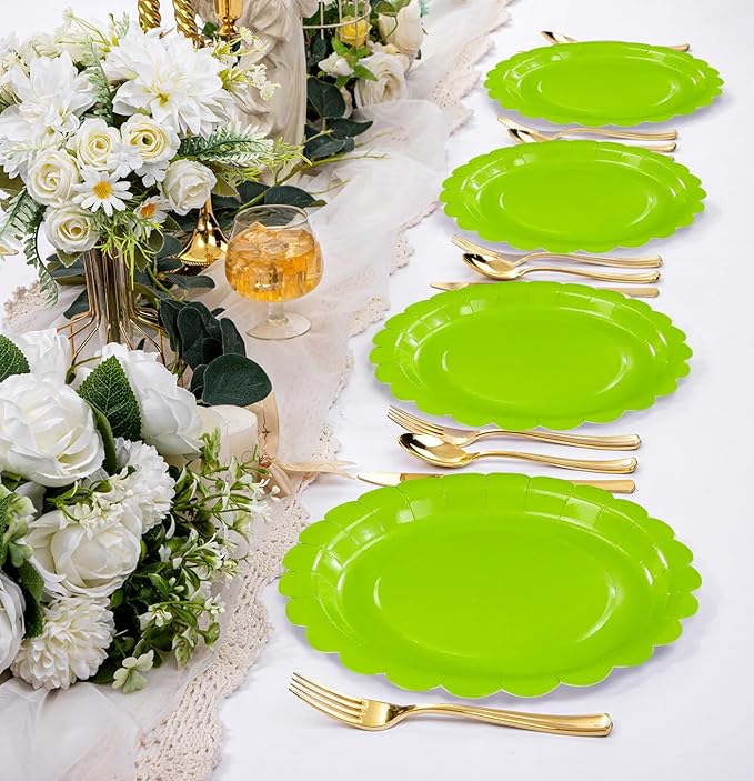 HEIPINIUYE 25 Pieces Lime Green Paper Plates 9 Inch Green Scalloped Plates Disposable Dinner Plates for Wedding Baby Shower Birthday Halloween Party Dessert Plates