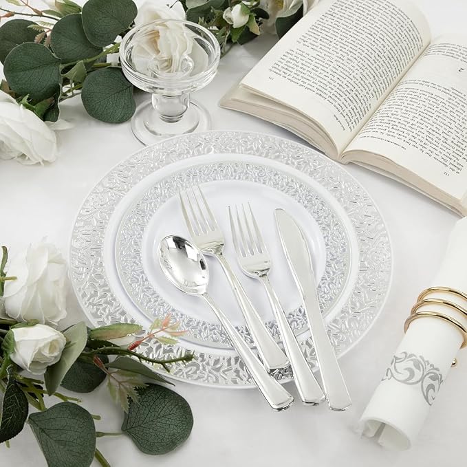 WELLIFE 350 Pieces Silver Disposable Plastic Dinnerware, Includes:50 Dinner Plates, 50 Dessert Plates, 50 Cups, 50 Pre Rolled Napkins with Silver Cutlery
