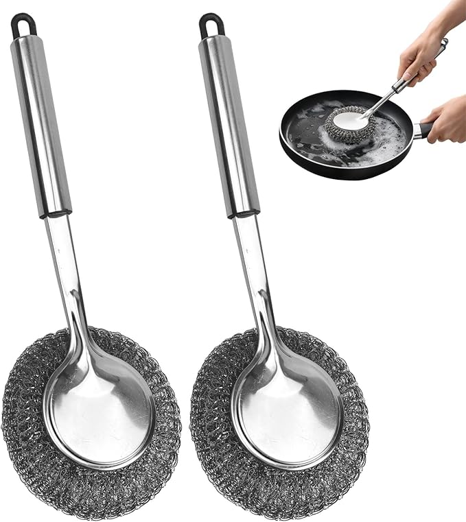 Long Handle Steel Wool Scrubber, Stainless Steel Pot & Pan Scrubber with Replaceable Scouring Ball, Heavy Duty Cast Iron Cleaner for Skillets, Griddles & Cookware (Silver / 2 Pack)