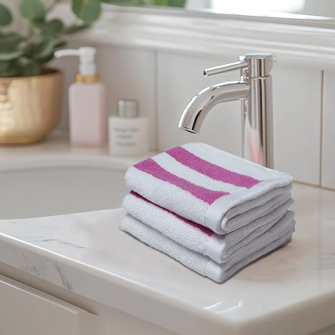 ORIGINAL KIDS Wash Cloth - Set of 12 Cabana Stripe Washcloths - 100% Cotton Yarn-Dyed Terry - 450 GSM Quick Dry Soft Absorbent Gentle Baby Face Towels for Bathroom Travel Daycare - 12x12 - Pink White