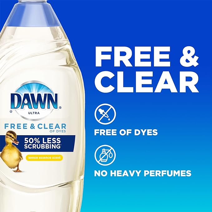 Dawn Free & Clear Dishwashing Liquid Dish Soap (3x24 oz) + Dawn Non-Scratch Scrubber Sponge (2 Count), Lemon Essence