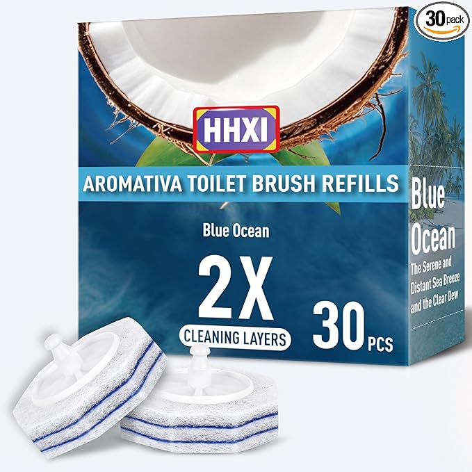 30Ct Aromative Toilet Brush Refills, Toilet Bowl Cleaner Refills, Double-Layer Cleaning Pads Added, Compatible with Most Toilet Brushes，Blue Ocean（Patented）