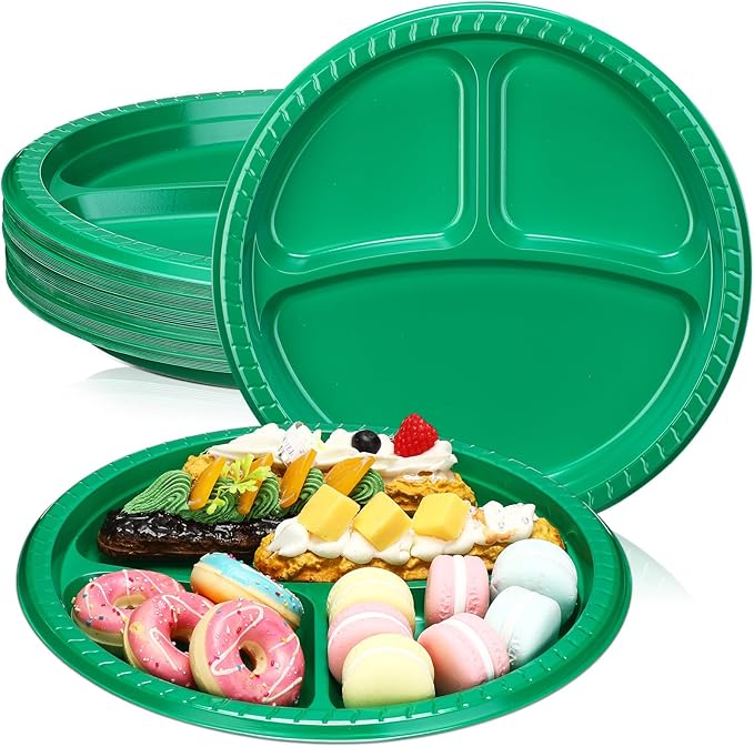 Teenyyou 50 Pcs 10 Inch Plastic 3 Compartment Divided Plates Heavy Disposable Plates Duty Round Dinner Plates with Dividers for Wedding Birthday Party Dinnerware(Green)