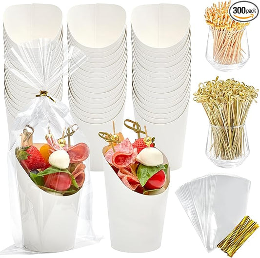 ZORRITA 50 Sets 14 oz Charcuterie Cups with Sticks and Bags, Individual White Paper Charcuterie Boxes Disposable Individual Appetizer Serving Cups (50 Cups + 200 Cocktail Picks + 50 Bags + 50 Ties)