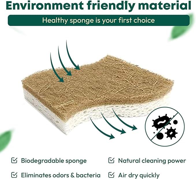 Biodegradable Natural Kitchen Sponges - Compostable Dish Sponge Scrubber, 6 Pack Multipurpose Sponges for Dishes, Cleaning Scrub Sponge for Dishwashing