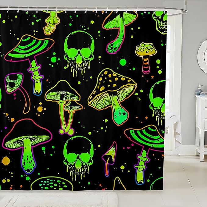 Feelyou Halloween Bath Curtain Cute Mushroom Decor Shower Curtain Sugar Skull Bathroom Shower Curtain Set for Boys Halloween Theme Fluorescent Style Kids Bathroom Accessories 72"x84"