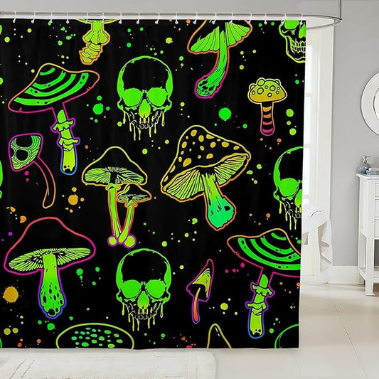 Feelyou Halloween Bath Curtain Cute Mushroom Decor Shower Curtain Sugar Skull Bathroom Shower Curtain Set for Boys Halloween Theme Fluorescent Style Kids Bathroom Accessories 72"x84"