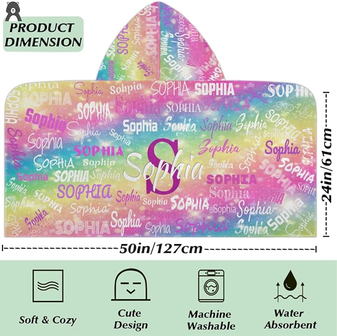 Custom Name Kids Hooded Bath Towel, Soft Towel Wrap - Warm Swim Cover Up - 50" x 24" Soft Terry Poncho Towel as Pool Swim Cover Ups for Girls Boys, Colorful Rainbow Color with Stars