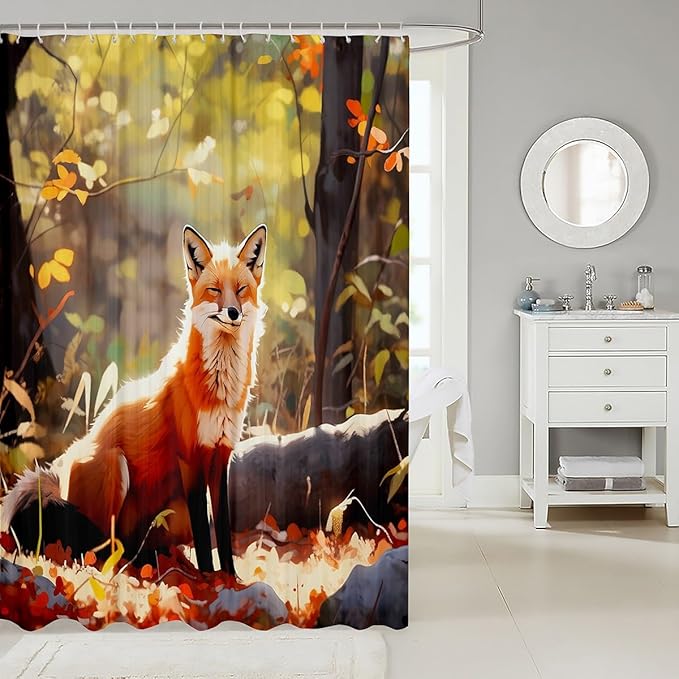 Feelyou Fox Print Shower Curtain for Stalls Bathtubs Cute Fox Bathroom Shower Curtain Set 3D Animal Theme Bath Curtain Room Decor Woodland Fox Waterproof Bathroom Curtains 72x84 Inch