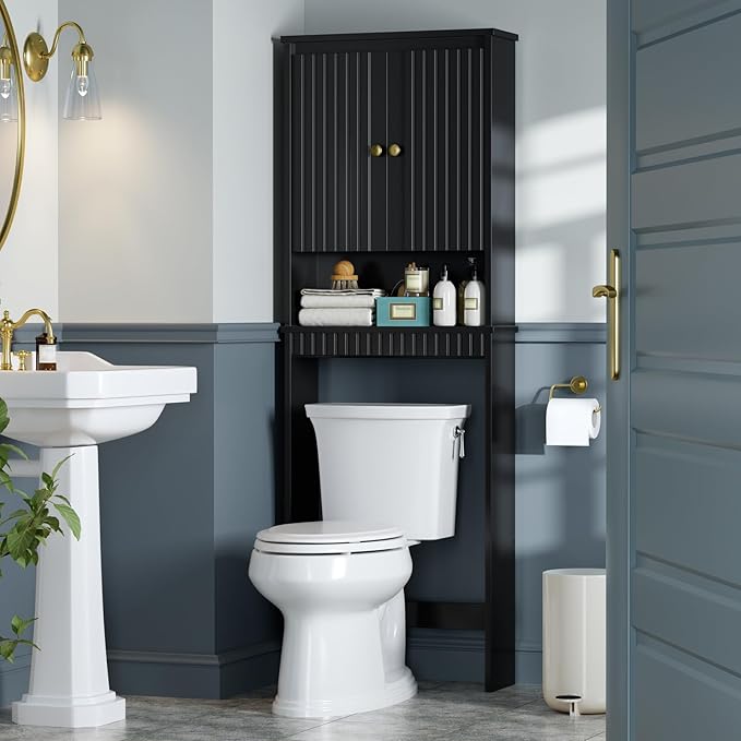 Over The Toilet Storage Cabinet, Over The Toilet Storage with Fluted Door Over The Toilet Cabinet with Adjustable Shelf Above The Toilet Storage Cabinet for Bathroom Organizer, Black
