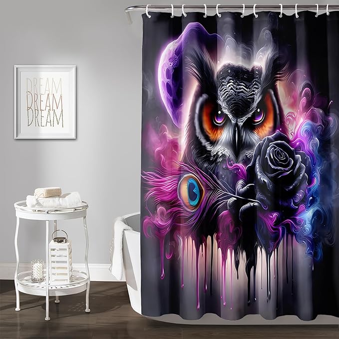 AILONEN Gothic Owl Shower Curtain Set,Purple Moon Animal Owl Bird Bathroom Decor for Kids Teens Adults,Black Rose Waterproof Shower Curtain with Hooks,36" Wx72 H