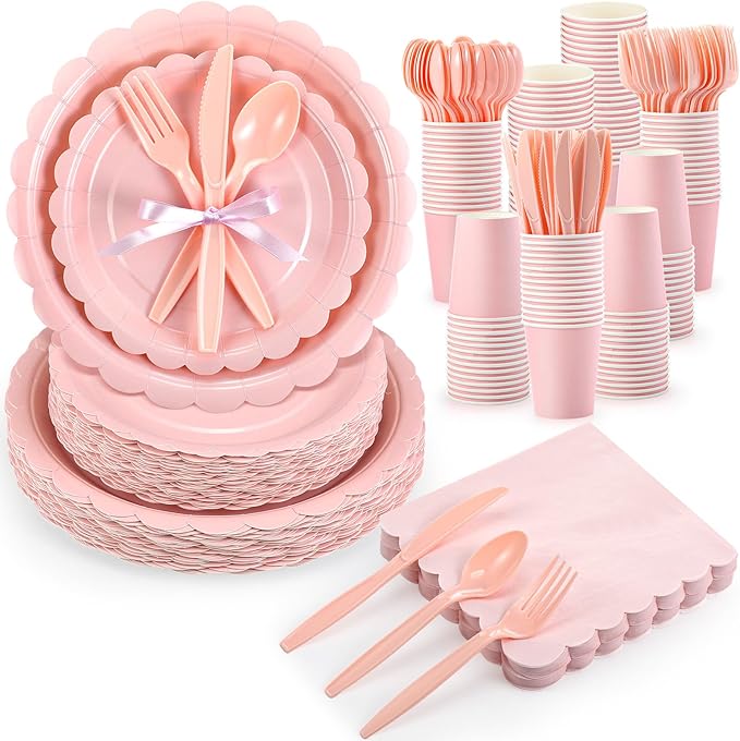 Ziliny 350 Pcs Light Pink Plates and Napkins, 50 Guest Spring Party Supplies Include Scalloped Paper Plates Napkins Cups Plastic Spoons Forks Knives Disposable Tableware Set for Baby Shower