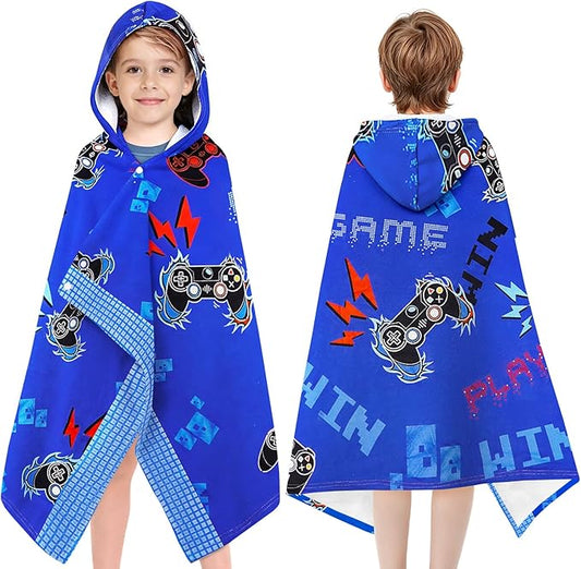 Hooded Towels for Kids - Superfine Fiber Video Gaming Gamepad Toddler Hood Bath Towels Beach Hooded Poncho Absorbent Pool Toddler Swim Bath Wrap for Boys & Girls 3-10 Years, 60 * 35 inches