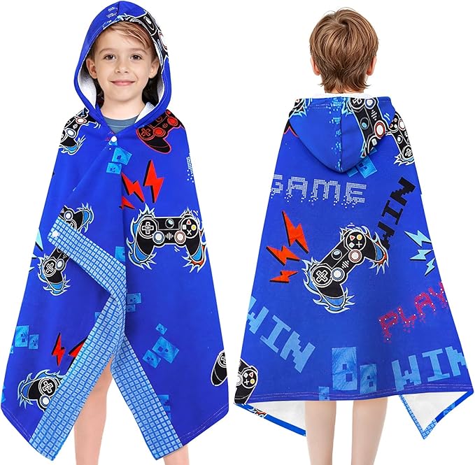 Hooded Towels for Kids - Superfine Fiber Video Gaming Gamepad Toddler Hood Bath Towels Beach Hooded Poncho Absorbent Pool Toddler Swim Bath Wrap for Boys & Girls 3-10 Years, 50 * 30 inches