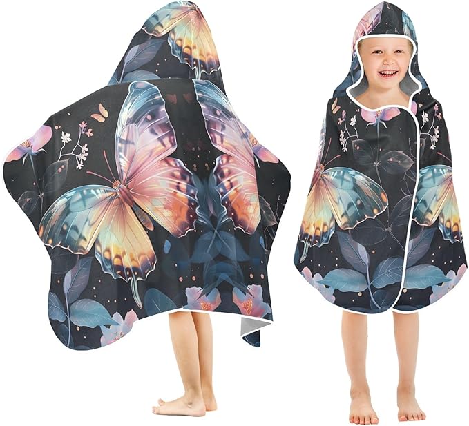 Hooded Towel for Kids Colored Butterfly Surrounded by Floating Spring Leaves Beach Wrap Bath Towels 50x23.5in