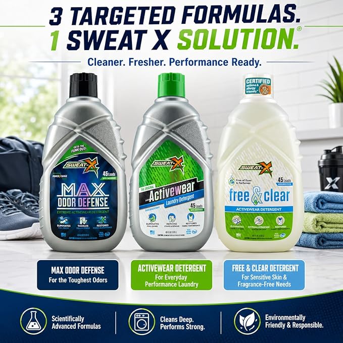 SWEAT X Max Odor Defense Laundry Detergent Liquid - Natural Washing Detergent for Activewear & Gym Clothes - Laundry Detergent for Sensitive Skin - Concentrated Detergent, 45 Loads (1 Bottle)