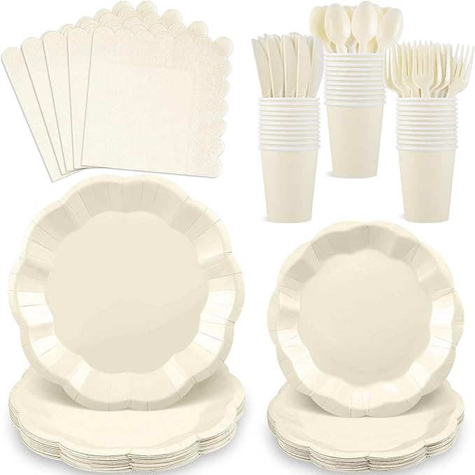 NatNarr 175 Pcs Ivory Plates and Napkins Set, 25 Guest Ivory Party Supplies Include Scalloped Plate Paper Napkin Cup Fork Knives Disposable Plastic Cutlery for Birthday Wedding Baby Shower Party