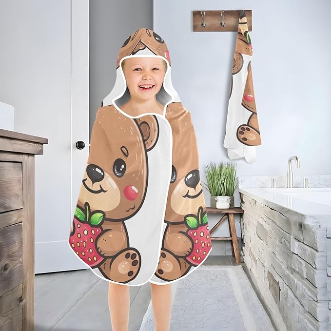 Hooded Towel for Kids Little Bear with Strawberry Beach Wrap Bath Towels 50x23.5in