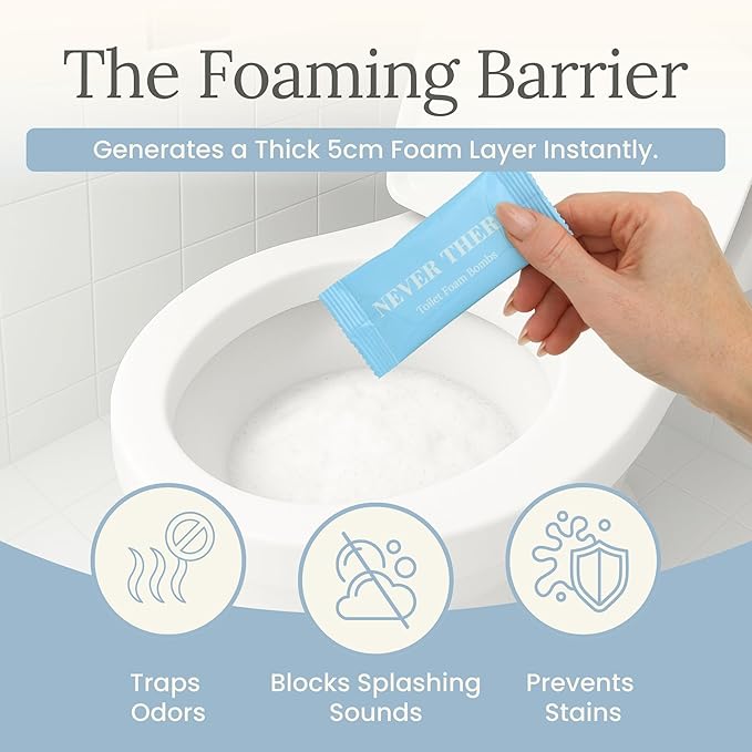 Never There Toilet Foam Bombs - 14 Count Discreet & Portable Lavender Scent Foaming Powder | On-The-Go Toilet Refresher for Bathroom Anxiety | Instantly Eliminates Odor, Sound & Stains