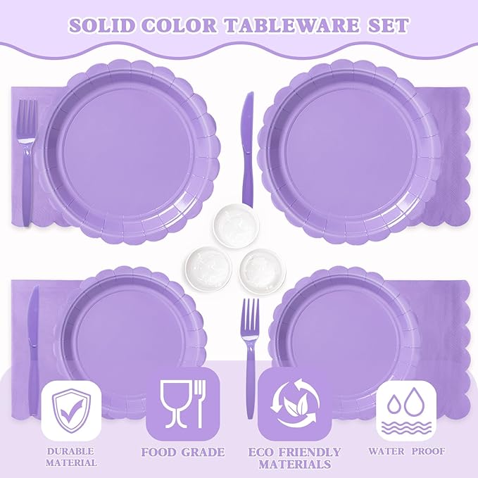 Vyntra 350 Pcs Lavender Purple Disposable Paper Plates and Napkins Set for 50, 9" Dinner Plates & 7" Dessert Plates, Tableware for Birthday, Party