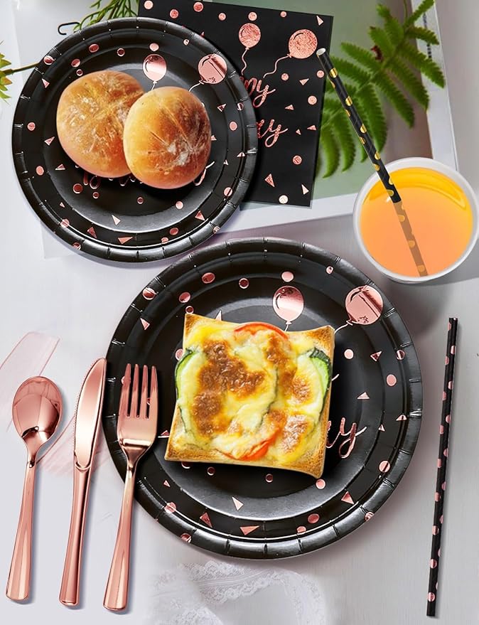 Nkaiso Birthday Party Tableware, 161 Pieces Black and Rosegold Party Supplies, Party Dinnerware Sets Include Paper Plates Napkins Cups Silverware, for Shower Engagement Parties Decoration -20 Serves