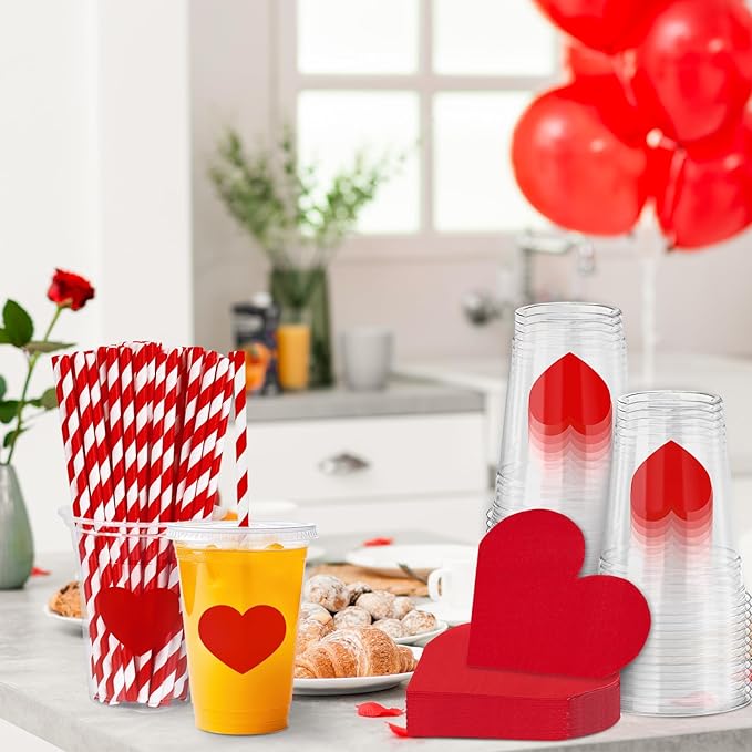 FYSUIMU Valentine' s Day Tableware Set Red Heart Shaped Paper Napkins 12Oz Disposable Plastic Cups with Lids and Straws for 50 Guests Wedding Anniversary Party Supplies Table Decor