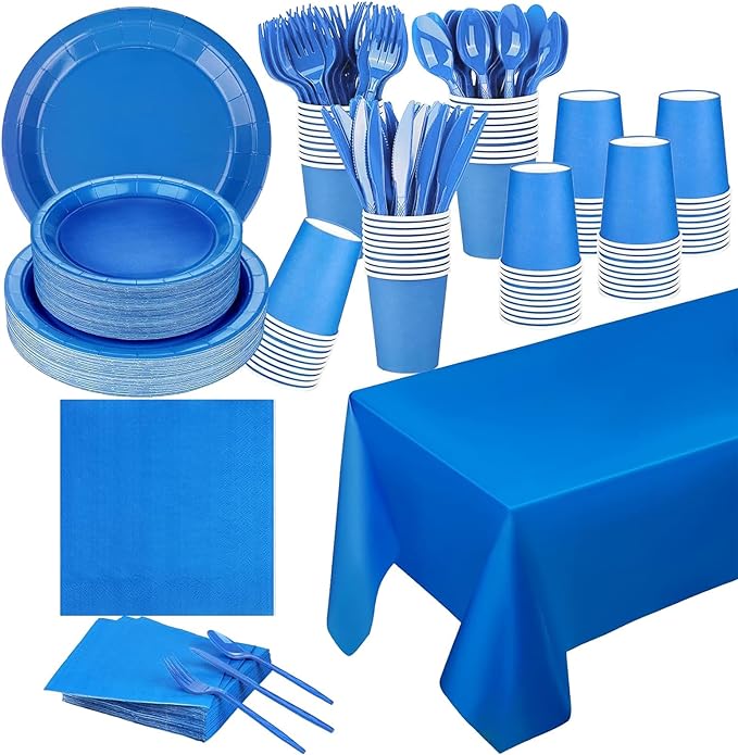 229PCS Blue Party Supplies Set Paper Disposable Plates Cups Plastic Spoons Forks Knives Blue Napkins for 30 Guests Disposable Party Dinnerware Set for Wedding Birthday Parties