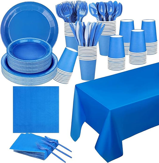 229PCS Blue Party Supplies Set Paper Disposable Plates Cups Plastic Spoons Forks Knives Blue Napkins for 30 Guests Disposable Party Dinnerware Set for Wedding Birthday Parties