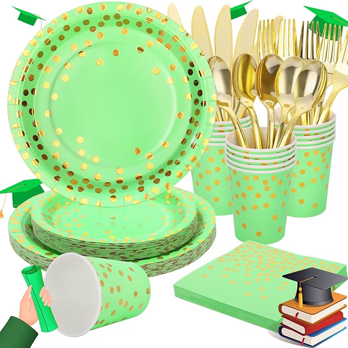 Green Paper Plates, 168 Pcs Lime Green Plates and Napkins Party Supplies, Birthday Plates Serve 24, for St Patricks Day, Graduation Party Decorations